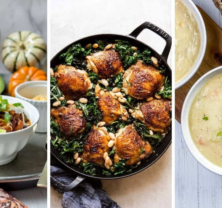 Three image collage of one pot weeknight dinners featuring pumpkin chili, braised chicken thighs, and potato leek soup.