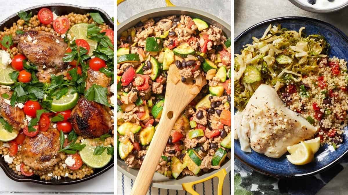Three image collage of weeknight dinners for a Mediterranean Diet.