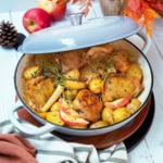 Baked Cider Braised Chicken with root vegetable and apple slices ready to serve.