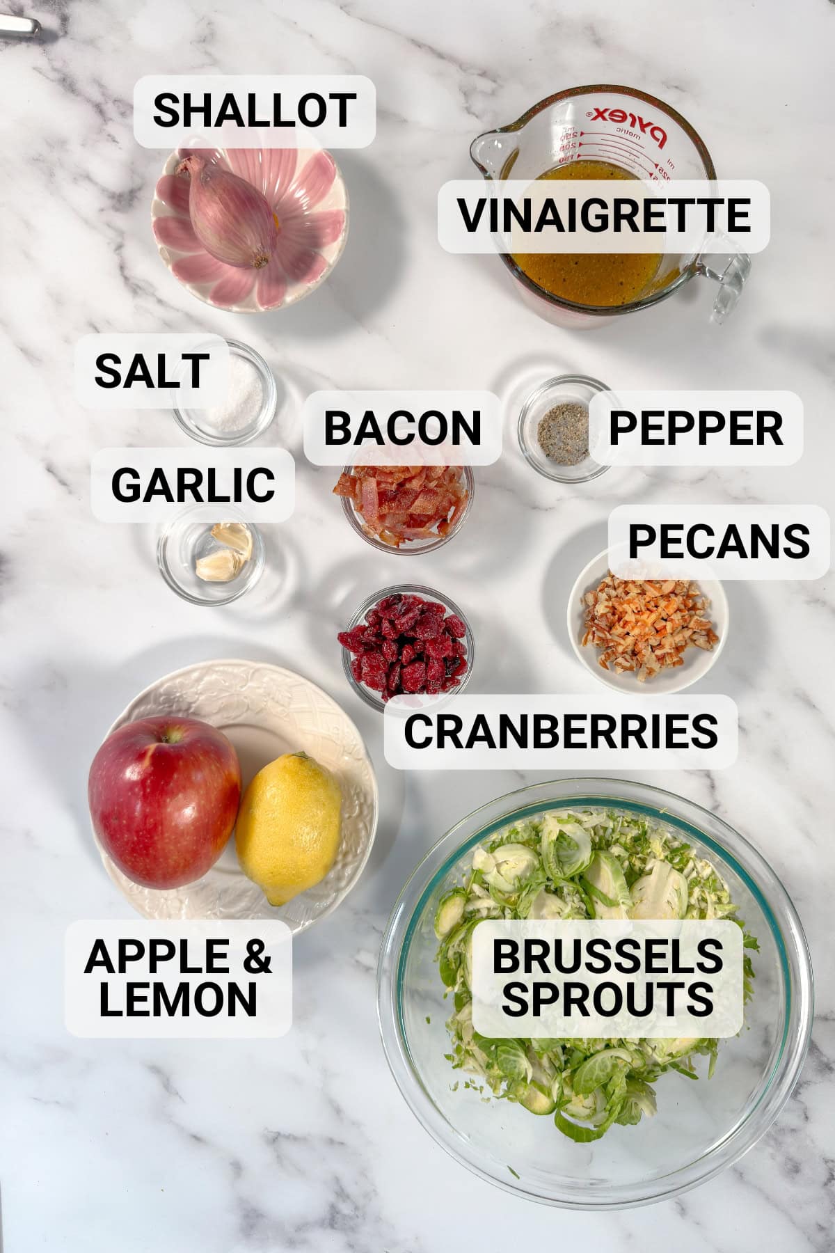 Warm Brussels Sprouts salad ingredients including vinaigrette ingredients, dried cranberries, pecans, garlic, and bacon.