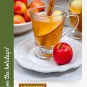 Pinterest image of a glass mug filled with apple cider, a cinnamon stick, and apple slices.