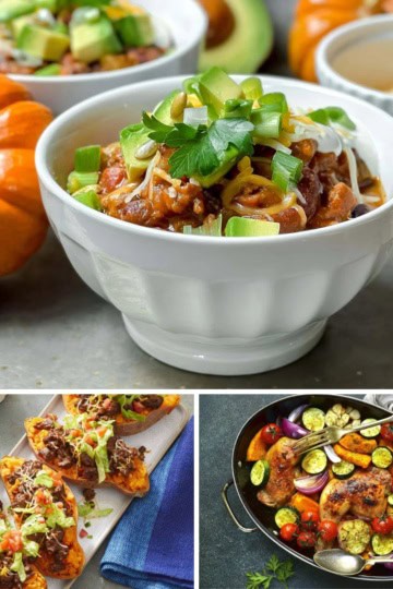 Image collage of fall dinner recipes like chili, roasted chicken, and sweet potatoes for easy meal plans.