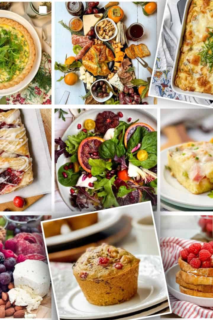 Image collage of Holiday Brunch ideas and recipes from breakfast casseroles to danishes, muffins, and easy cheese boards.