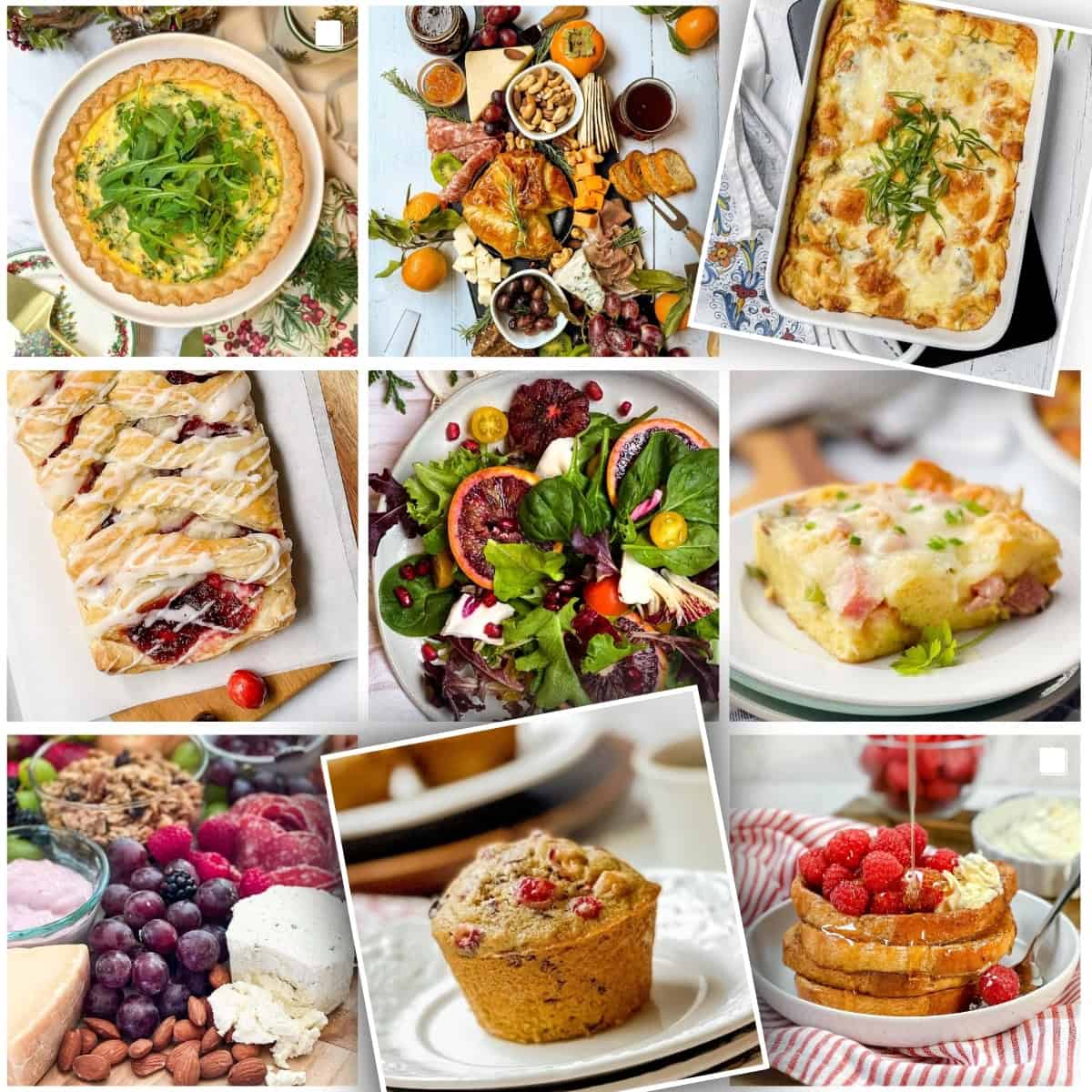 Image collage of Holiday Brunch ideas and recipes from breakfast casseroles to danishes, muffins, and easy cheese boards.