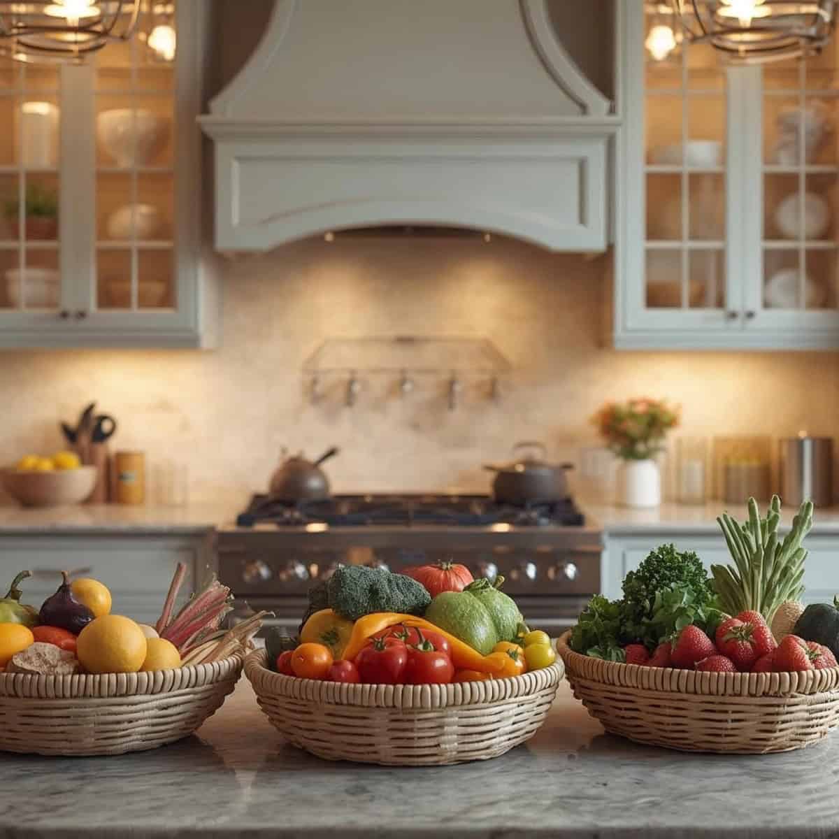 Three wicker baskets filled with assorted fresh fruits and vegetables sit on a marble kitchen counter, ready for a special giveaway in front of the stove and cabinetry.