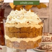 Pinterest Pin image featuring pumpkin trifle in a glass trifle dish ready for serving.