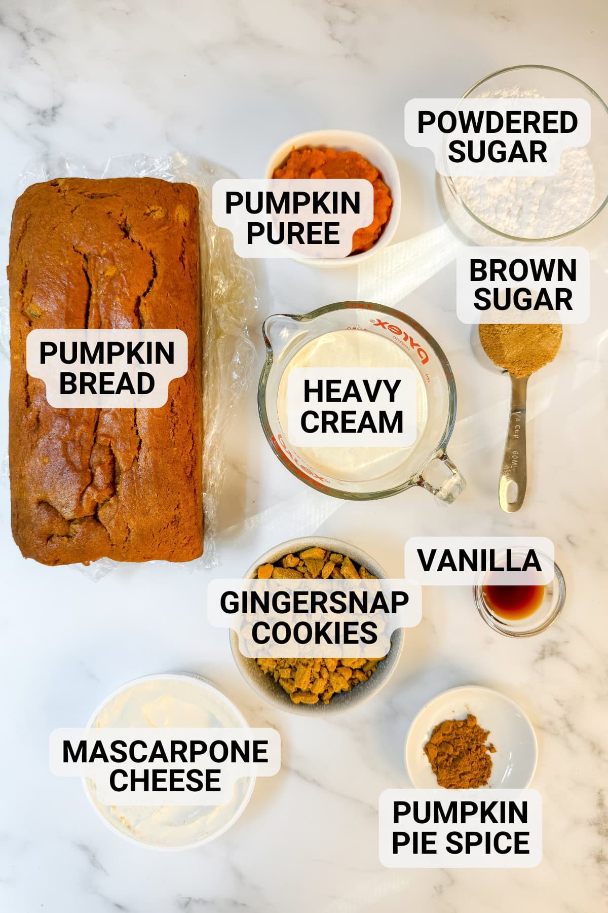Pumpkin Trifle ingredients to include pumpkin bread, mascarpone cheese, heavy cream, vanilla spices, pumpkin pure, and brown sugar.