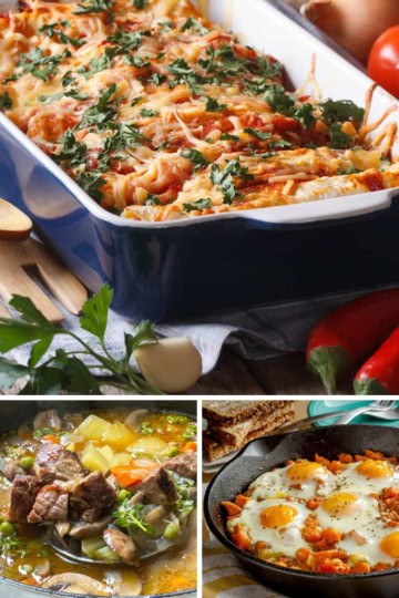 Image collage of winter dinner meal ideas featuring pot roast, soup, and casserole dishes.