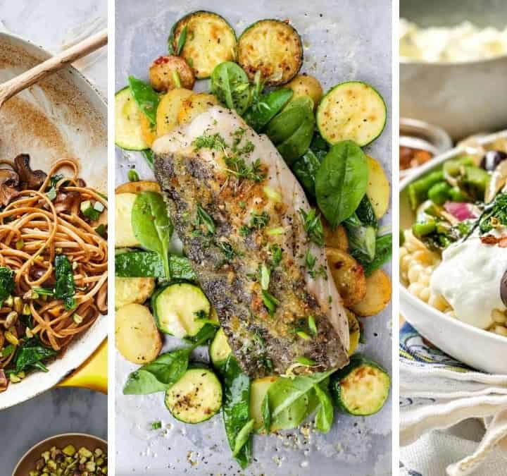 Three image collage featuring pasta, baked fish, and skillet Mediterranean Diet skillet dinners.