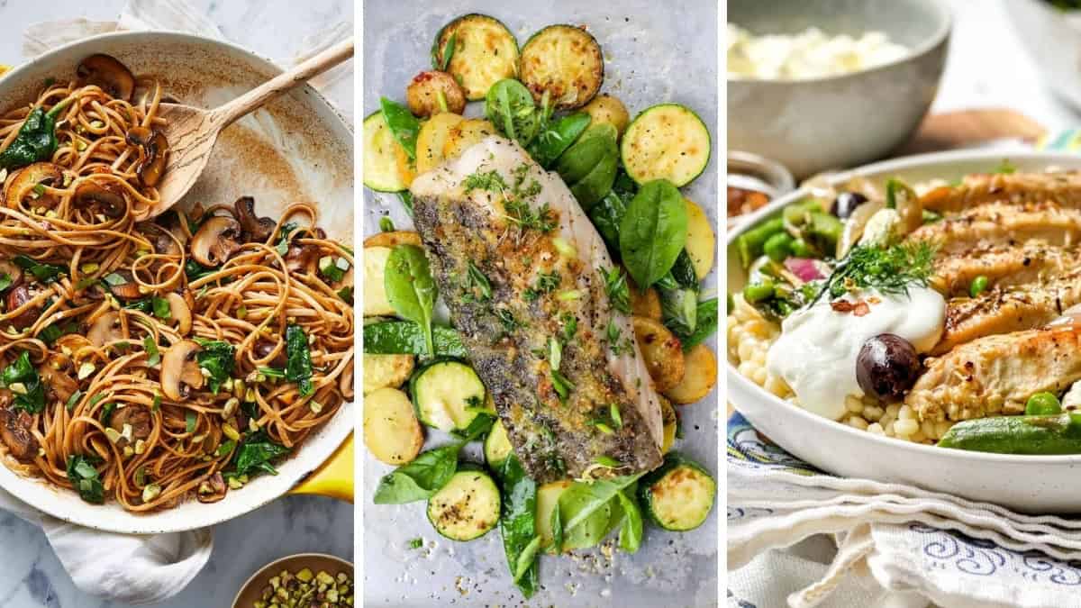 Three image collage featuring pasta, baked fish, and skillet Mediterranean Diet skillet dinners.
