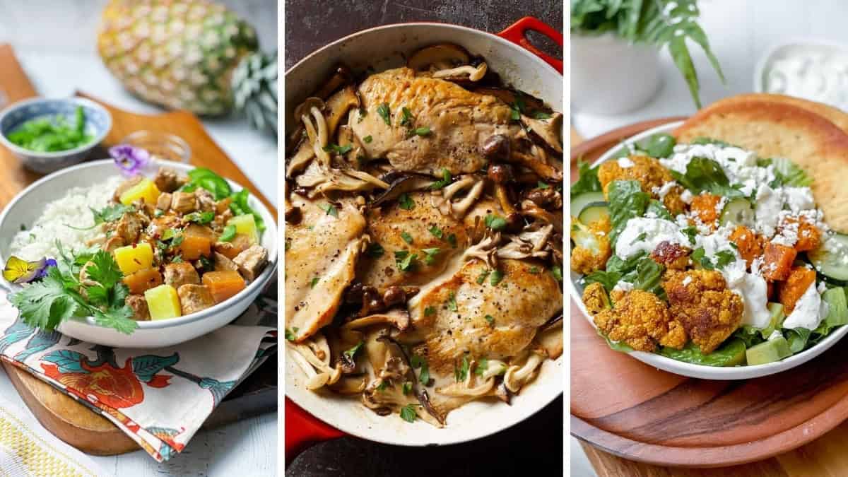 Three image collage of December Easy 5 Ingredients Dinners including chicken and mushrooms, salmon, and roasted cauliflower dish.