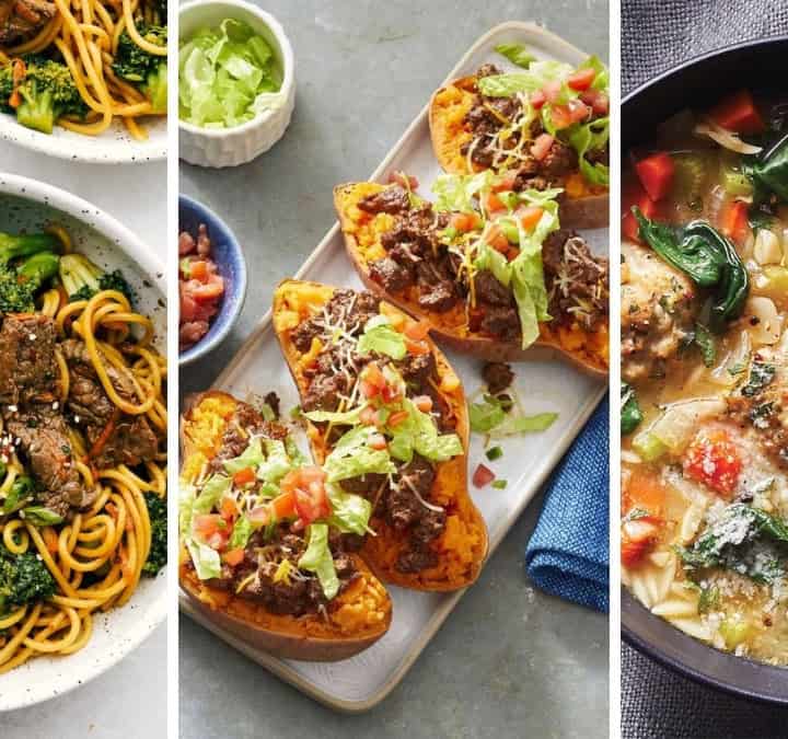 Three image collage of November 20 MInute Dinners featuring taco sweet potatoes, lo mein and Italian wedding soup.