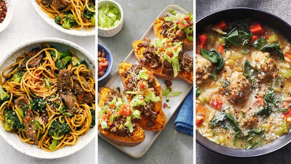 Three image collage of November 20 MInute Dinners featuring taco sweet potatoes, lo mein and Italian wedding soup.