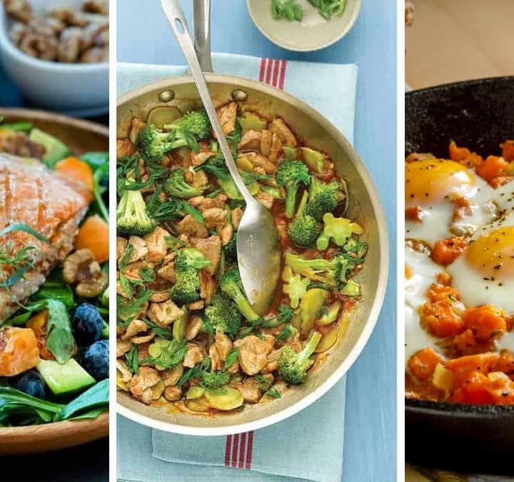 Three image collage for November 30 minute dinners meal plan featuring stirfry, seafood salad, and pasta.