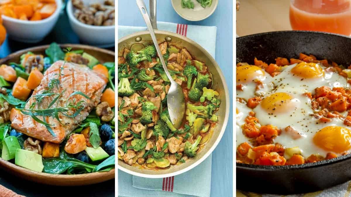 Three image collage for November 30 minute dinners meal plan featuring stirfry, seafood salad, and pasta.