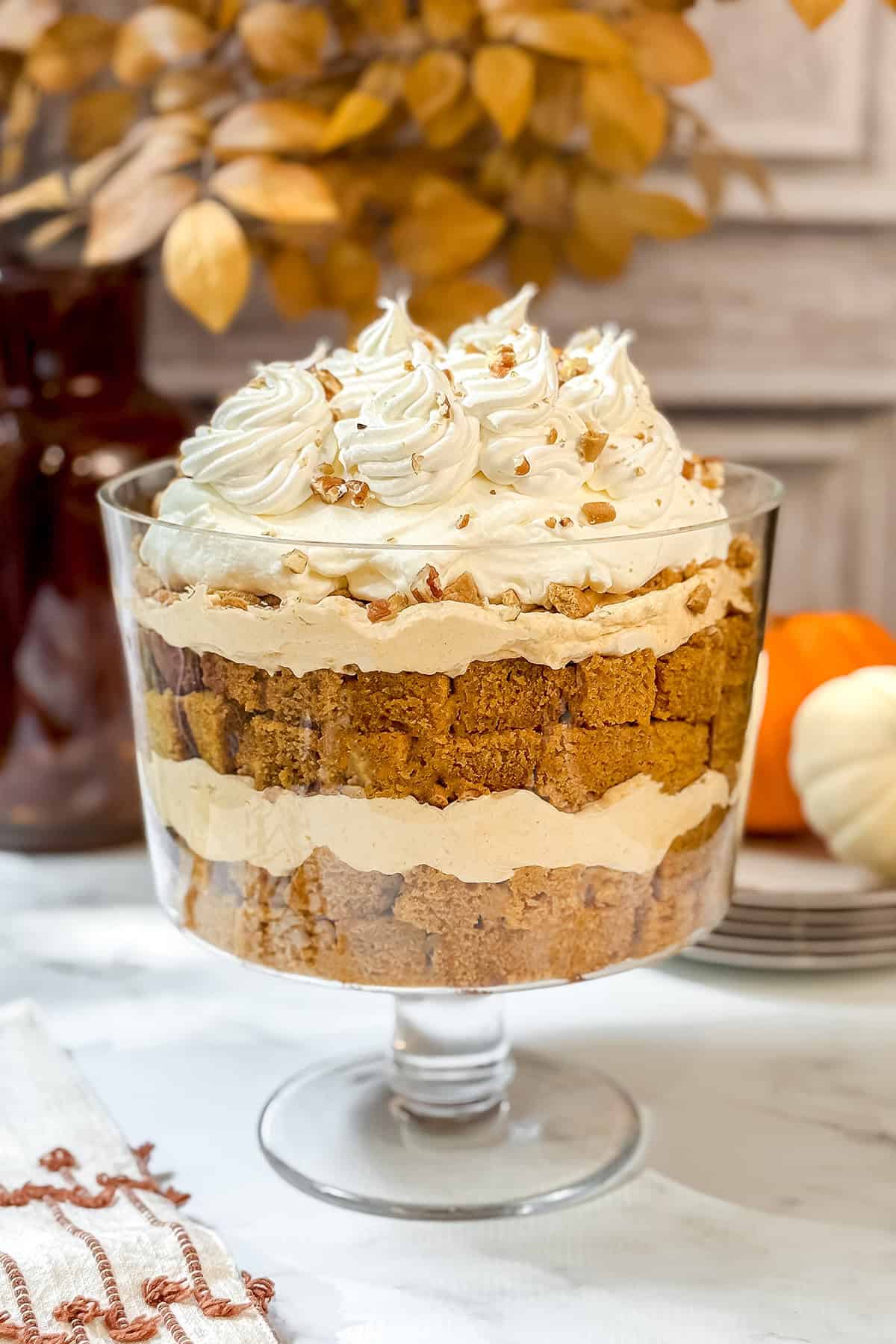 Pumpkin Trifle with swirls of fresh Chantilly cream ontop for serving.