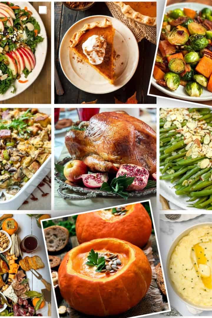 Image collage for Pinterest including turkey, pumpkin soup, green beans, stuffing, salads, sides, and appetizers.