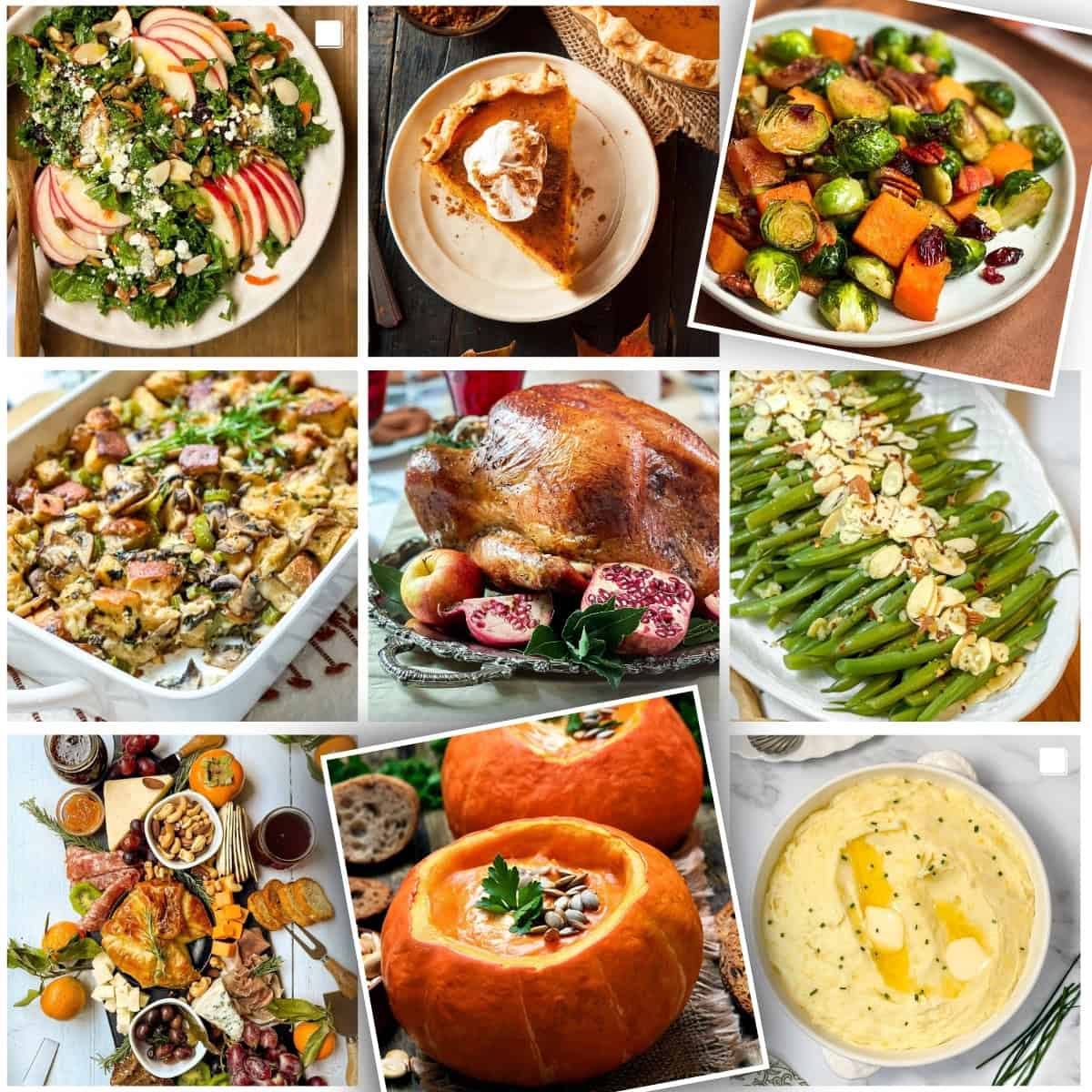 Image collage for Pinterest including turkey, pumpkin soup, green beans, stuffing, salads, sides, and appetizers.