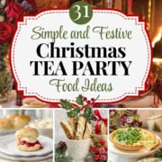 Pinterest Pin image featuring a collage of images for a holiday teatime with tea party food ideas of scones, sandwiches, savories, and Christmas desserts.