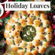 Pinterest Pin image featuring Christmas Bread wreath with fresh rosemary and festive decor.