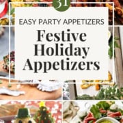 Pinterest image featuring holiday appetizers like charcuterie boards, caprese, cheese balls, and more.