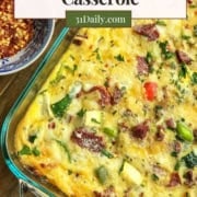 Pinterest Pin image of Vegetable Breakfast Casserole with the words, "Easy Make Ahead Vegetable Breakfast Casserole".