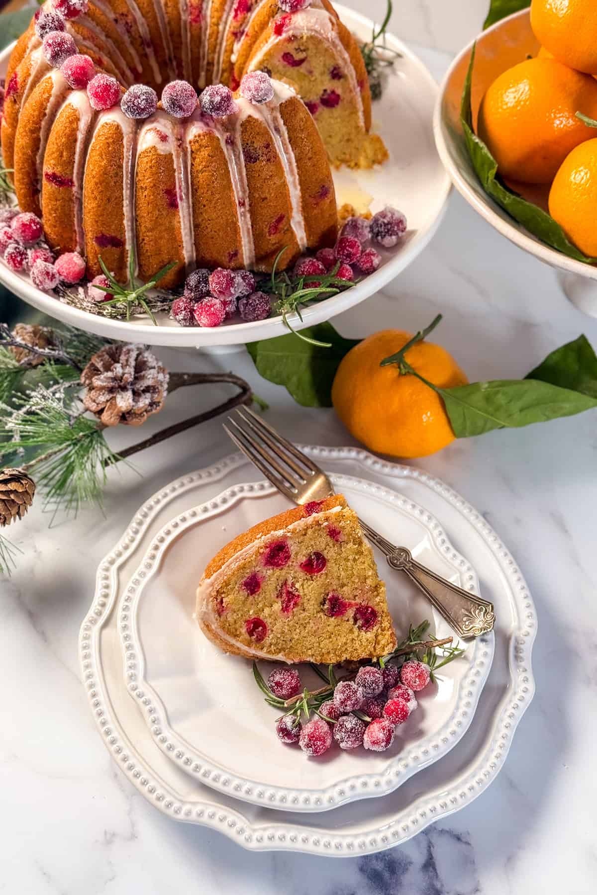 Slice of cranberry orange Bundt cake on a white plate, showing the tender cranberry-studded crumb, served with sugared cranberries and rosemary for a festive holiday touch.
