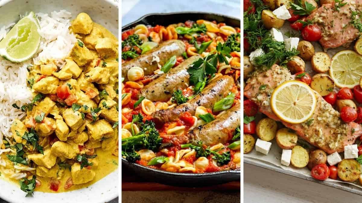 Three December 30 Minute Dinners collage featuring pasta, curry, and salmon for weeknight dinners.