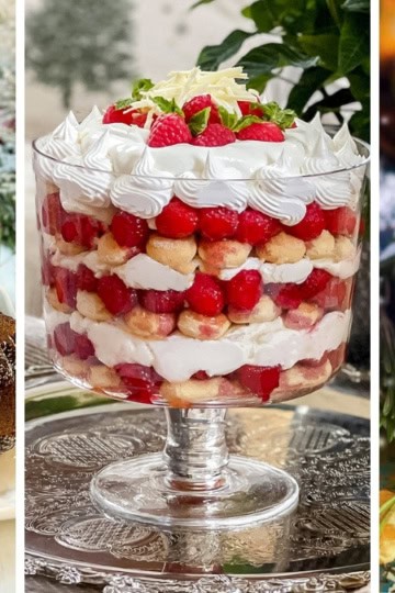 Three image collage of easy Christmas desserts featuring classic Christmas favorites like trifle, gingerbread, and Christmas pudding.