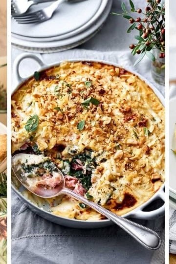 Three image collage of leftover Christmas recipes including quiche, casseroles, sandwiches, soups, and desserts.