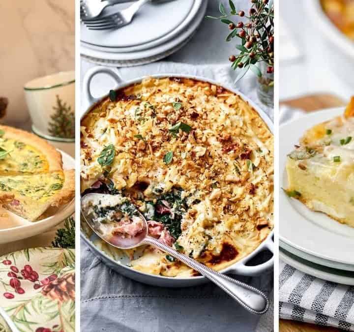 Three image collage of leftover Christmas recipes including quiche, casseroles, sandwiches, soups, and desserts.
