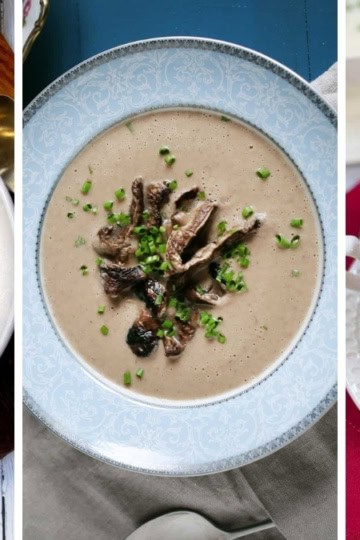 A bowl of seafood chowder, chesnut soup, and warm Christmas vichyssoise and more for Christmas Soup Recipe ideas.