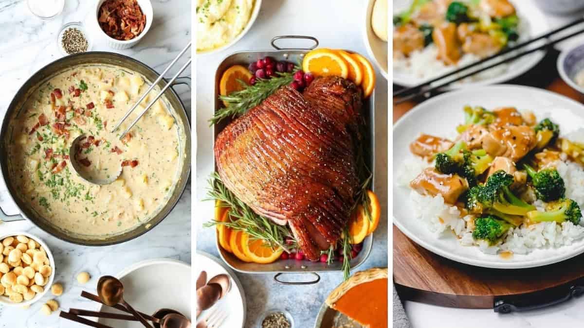 Three image collage of Christmas Week family friendly dinners featuring baked ham, clam chowder, and easy chicken and broccoli skillet.
