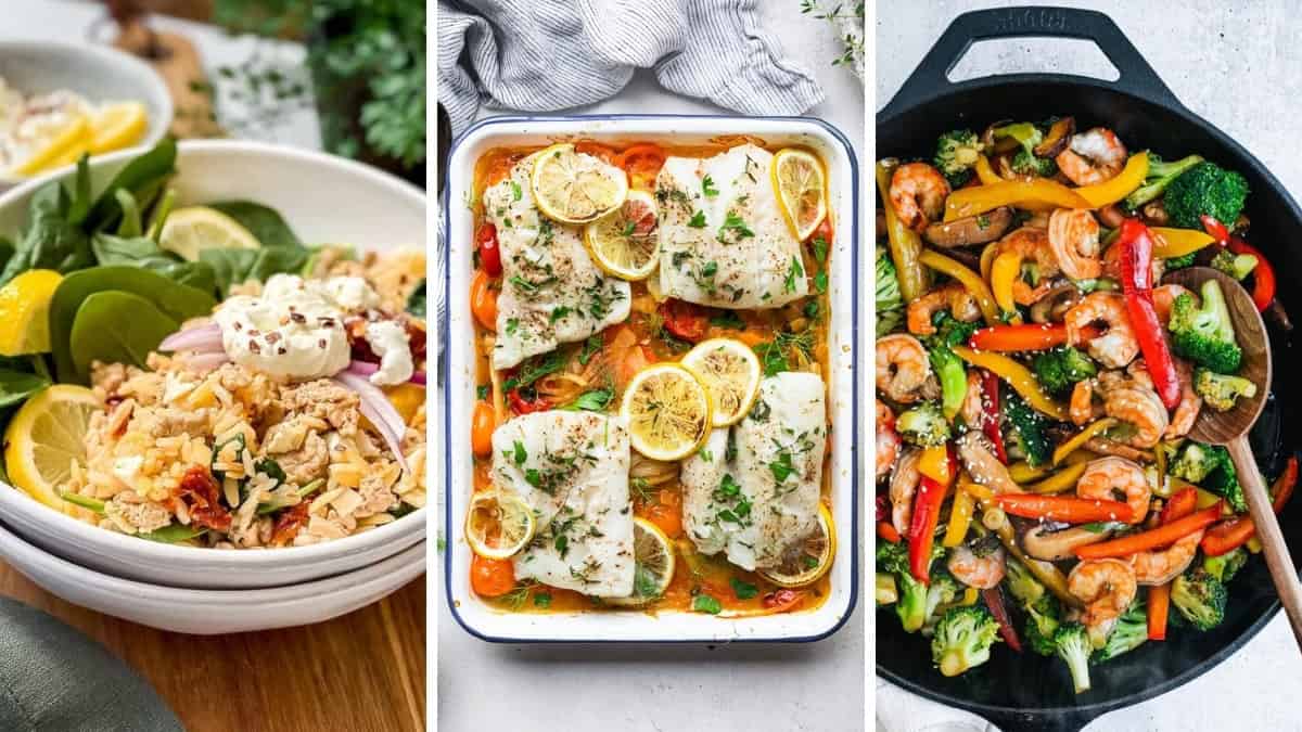 Three image collage featuring baked cod, ground turkey skillet and a quick stir fry for Mediterranean Diet dinners.