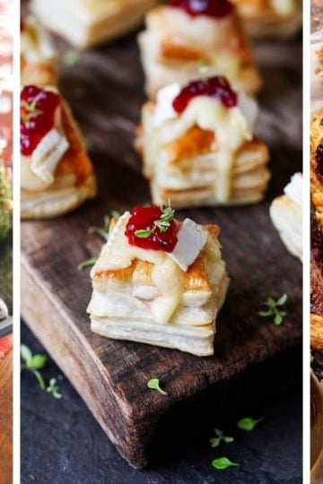 Three image collage of holiday party appetizers including cheese balls, puff pastry appetizers, charcuterie boards, and more.