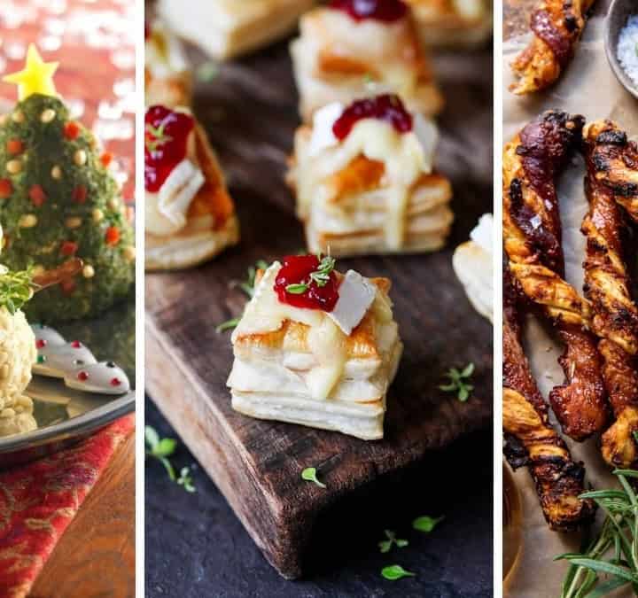 Three image collage of holiday party appetizers including cheese balls, puff pastry appetizers, charcuterie boards, and more.