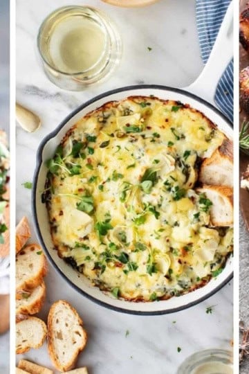 Three image collage of New Year's Eve foods like dips, party appetizers, and more.