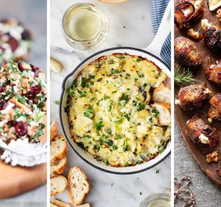 Three image collage of New Year's Eve foods like dips, party appetizers, and more.