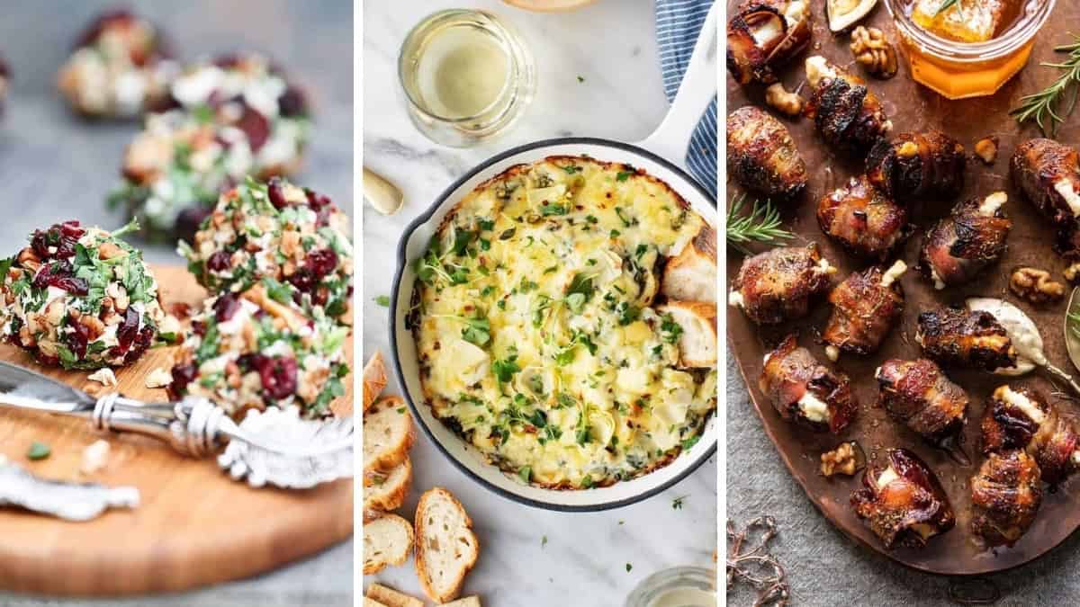 Three image collage of New Year's Eve foods like dips, party appetizers, and more.