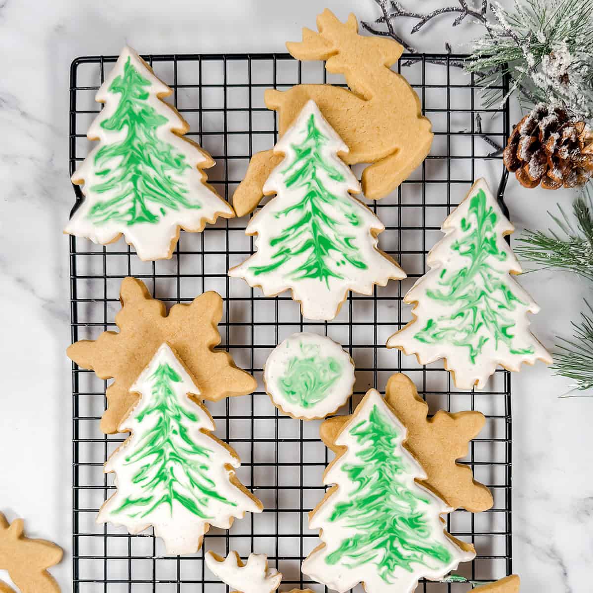Square top view image of decorated brown sugar cookies in Christmas tree shapes resting on a wire rack.