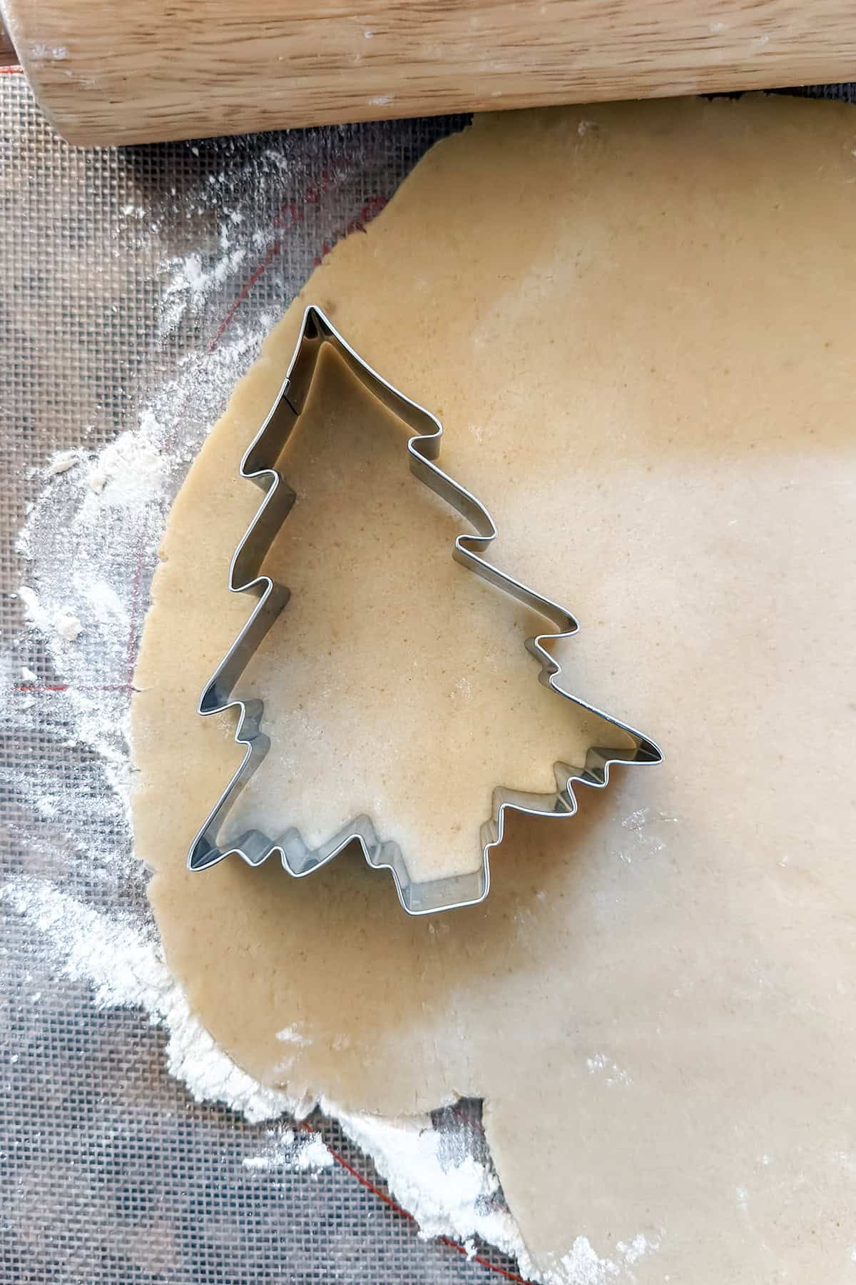 Rolling brown sugar cookie dough to 1/4 inch thick with a Christmas Tree cutter onto of the dough.