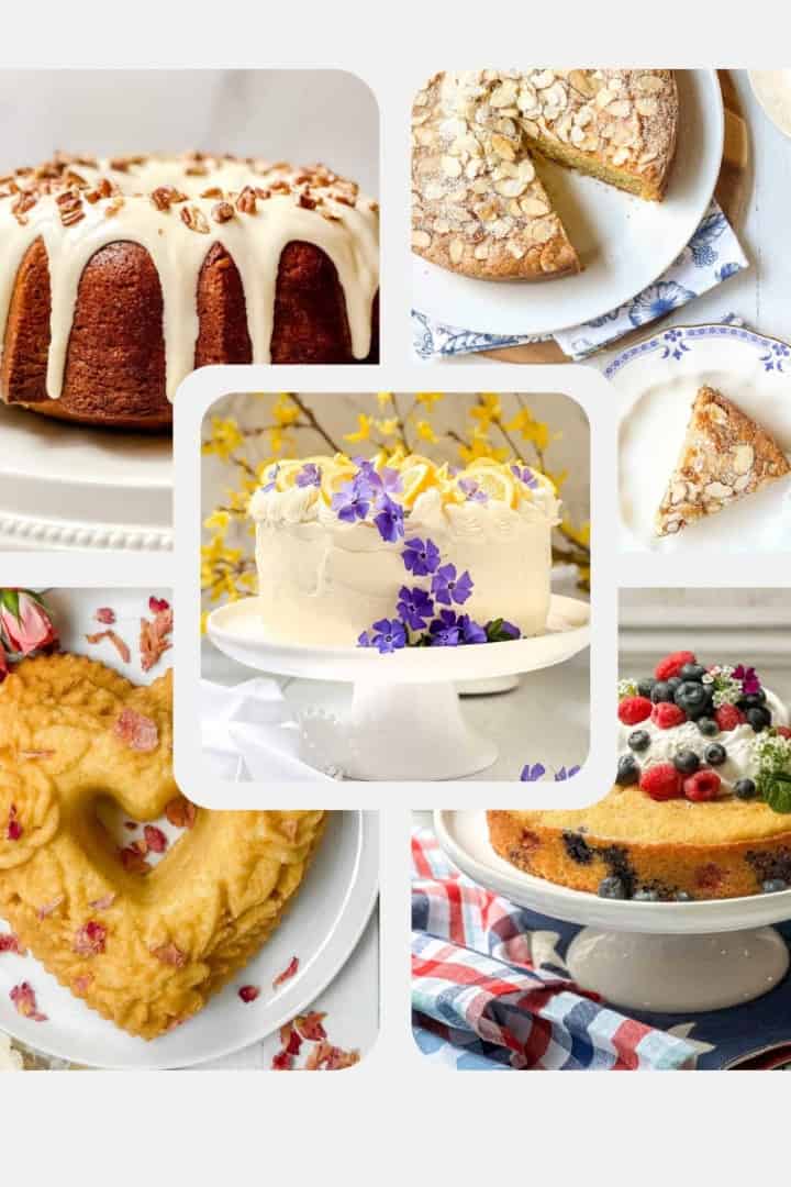 Collage of cakes to bake this year including layer cakes, snack cakes, and Bundt cakes.