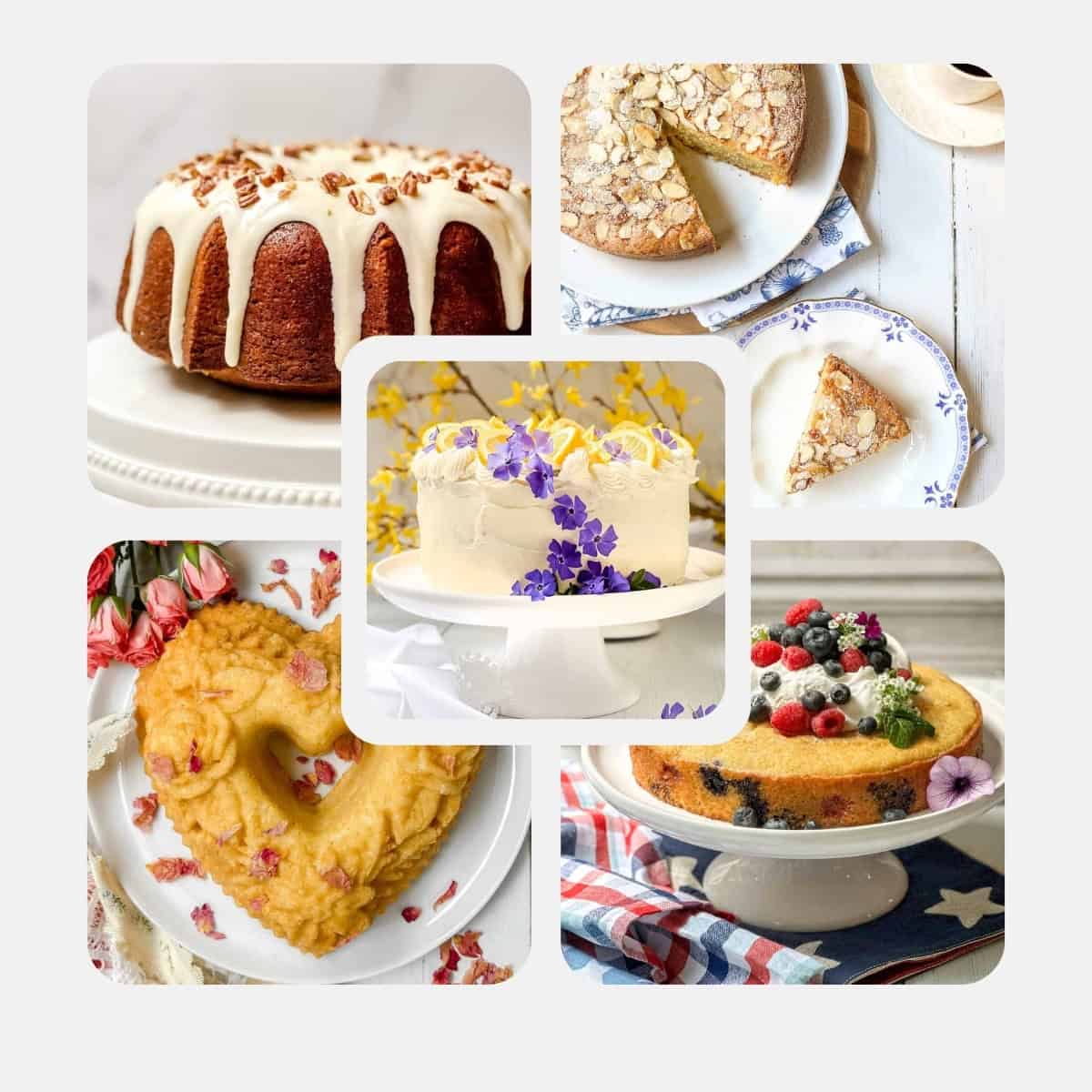 Collage of cakes to bake this year including layer cakes, snack cakes, and Bundt cakes.