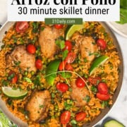 30 minute arroz con pollo one skillet chicken and rice dinner topped with fresh cilantro and lime.
