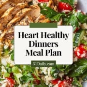 Chicken chicken with greens and vegetables for Heart Healthy Dinners Meal Plan Pinterest Pin.