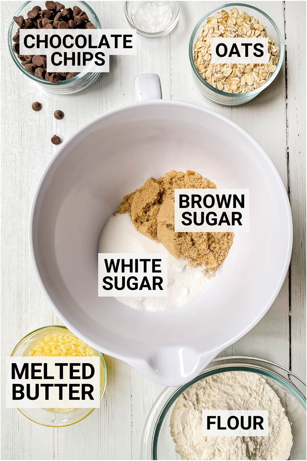 Oatmeal Chocolate Chip Cookie Bar ingredients including oats, chocolate chips, melted butter, sugar, and more.