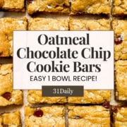 Pinterest Pin image featuring closeup squares of oatmeal chocolate chip cookie bars.