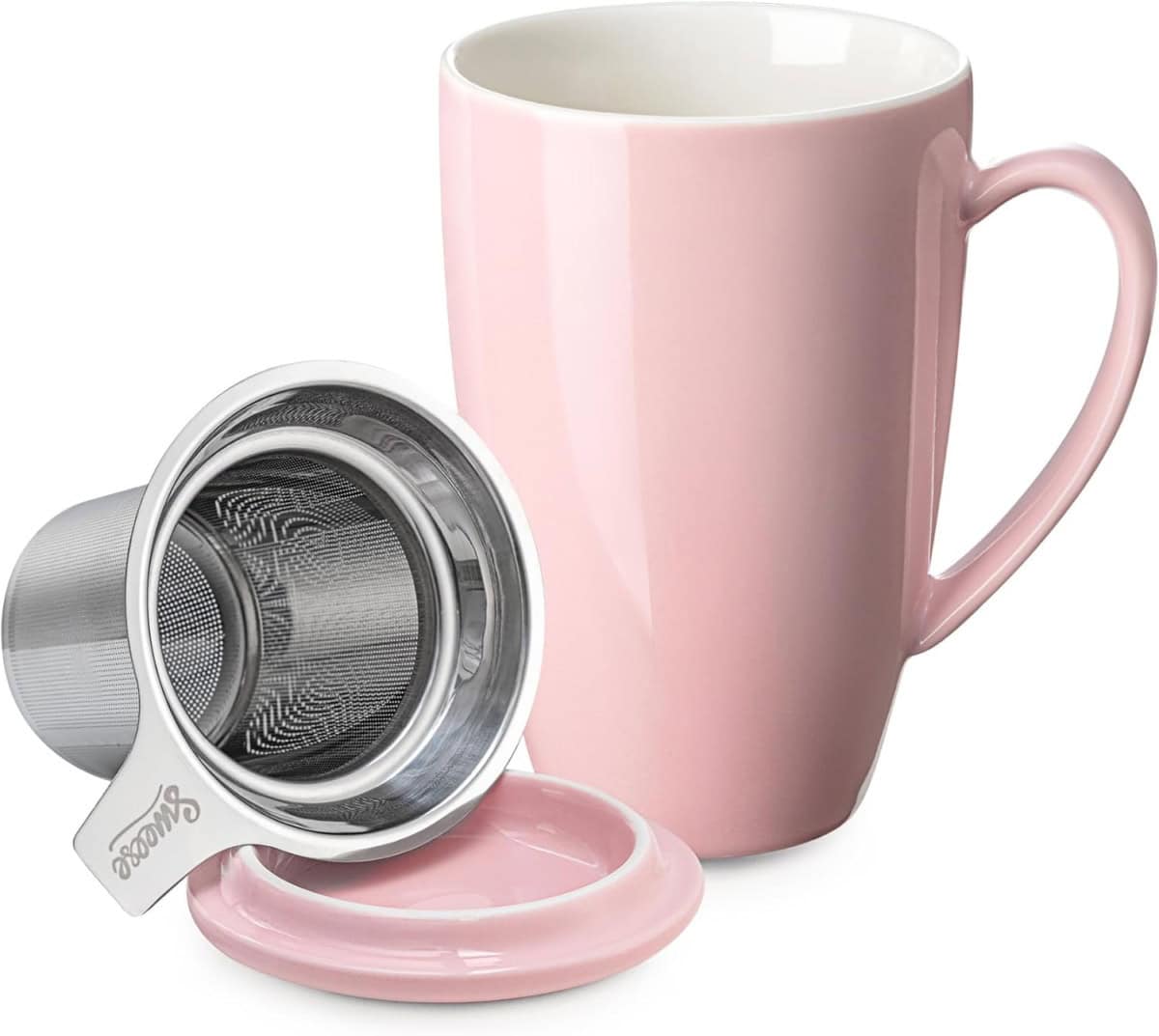 Pink ceramic tea mug with infuser and lid to keep your tea warm.