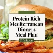Closeup for lean Greek turkey burgers for Protein Rich Mediterranean Dinners Meal Plan.