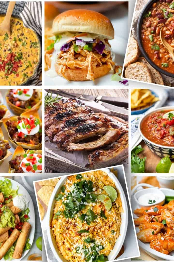 A collage of different game day foods showcases quick and easy Super Bowl recipes including Buffalo wings, taquitos, ribs, chili, dips, and more.
